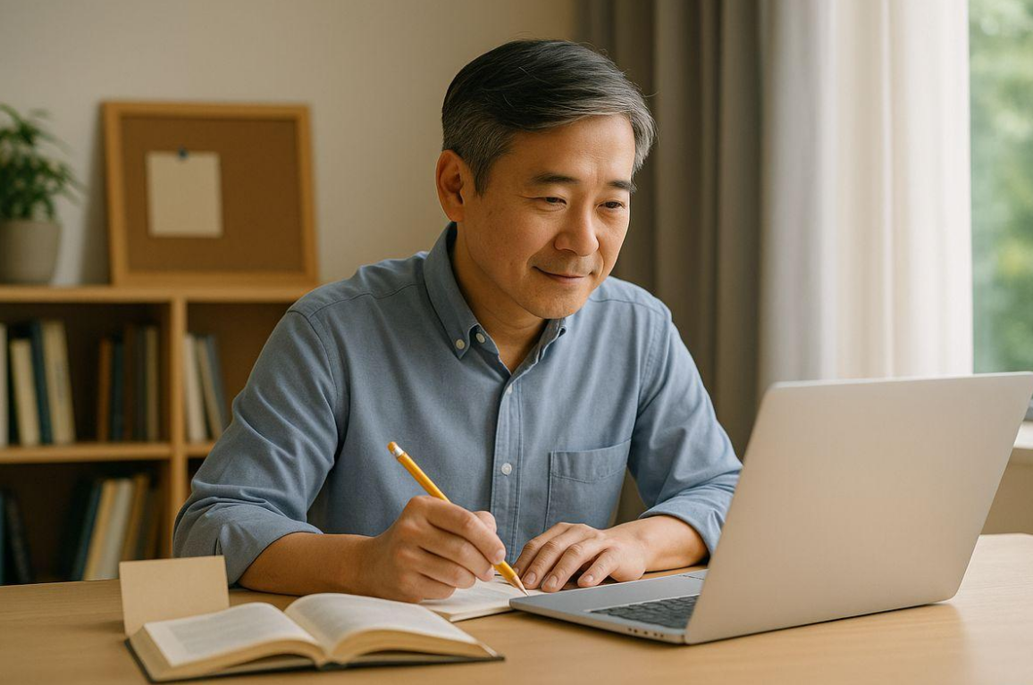 노트북앞에서 새로운 정보를 얻고자 하는 50대 중년 남자의 모습